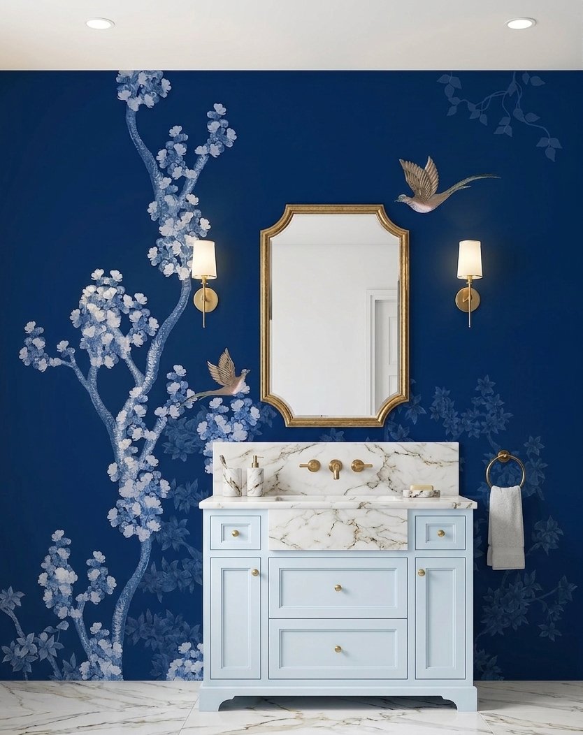 Open Storey bathroom interior — chinoiserie powder room