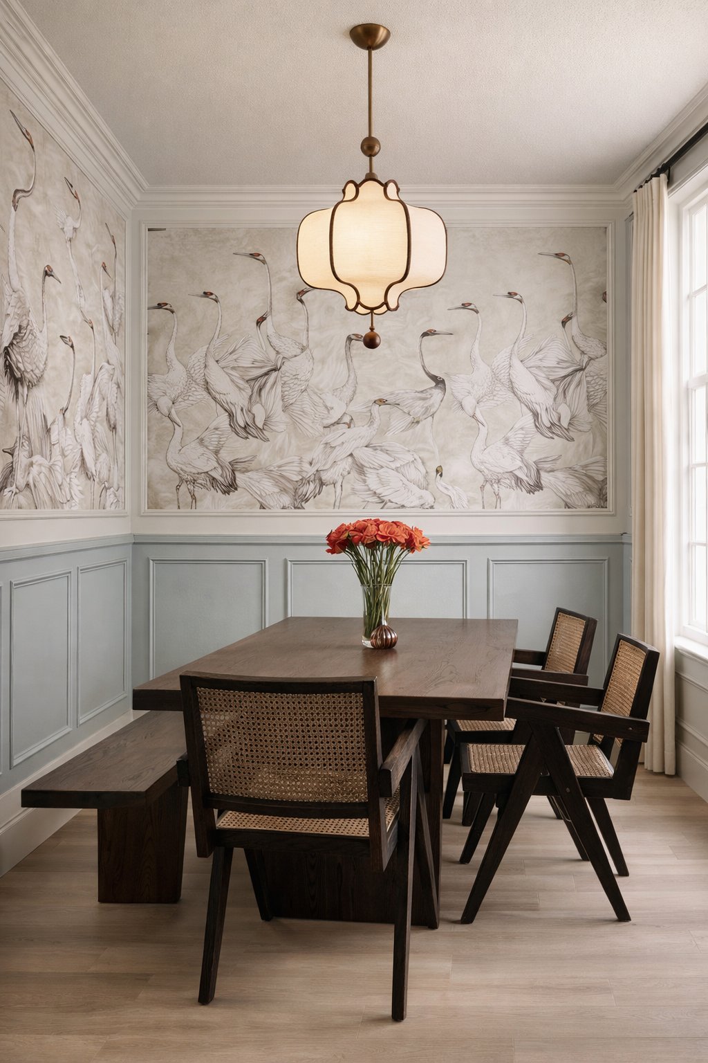 Open Storey dining interior — crane mural dining room