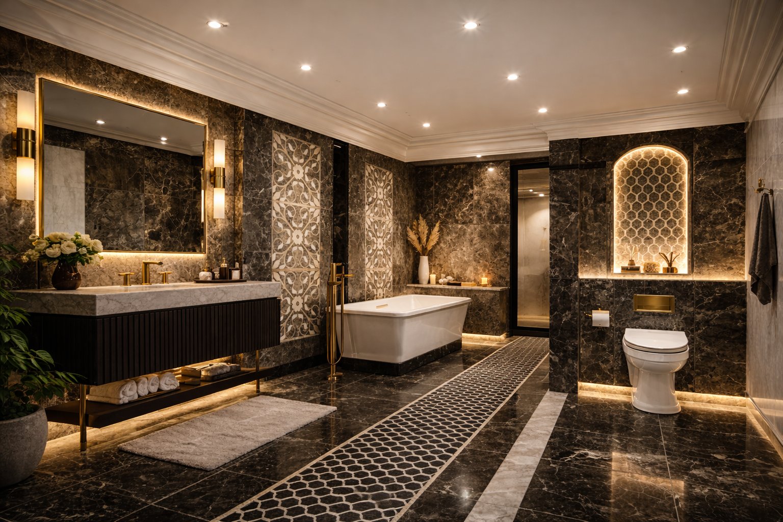 Open Storey bathroom interior — dark marble bathroom