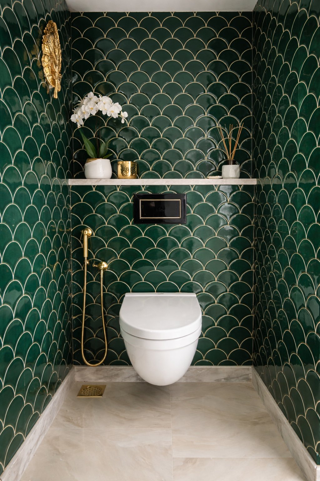 Open Storey bathroom interior — emerald fish-scale tile