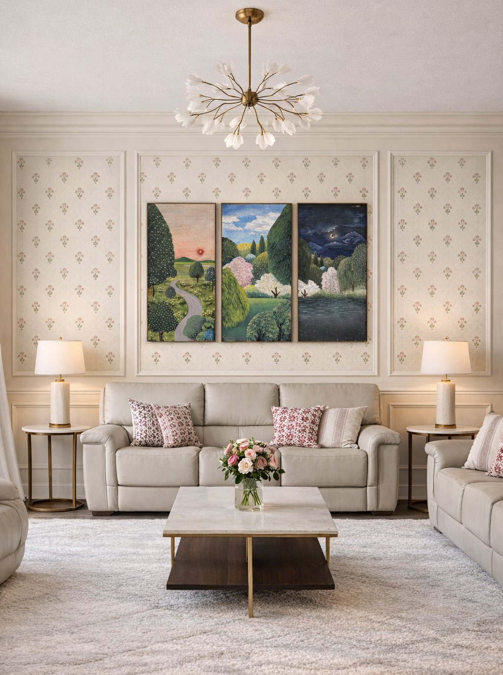 Layered Bay Area living room designed by Open Storey
