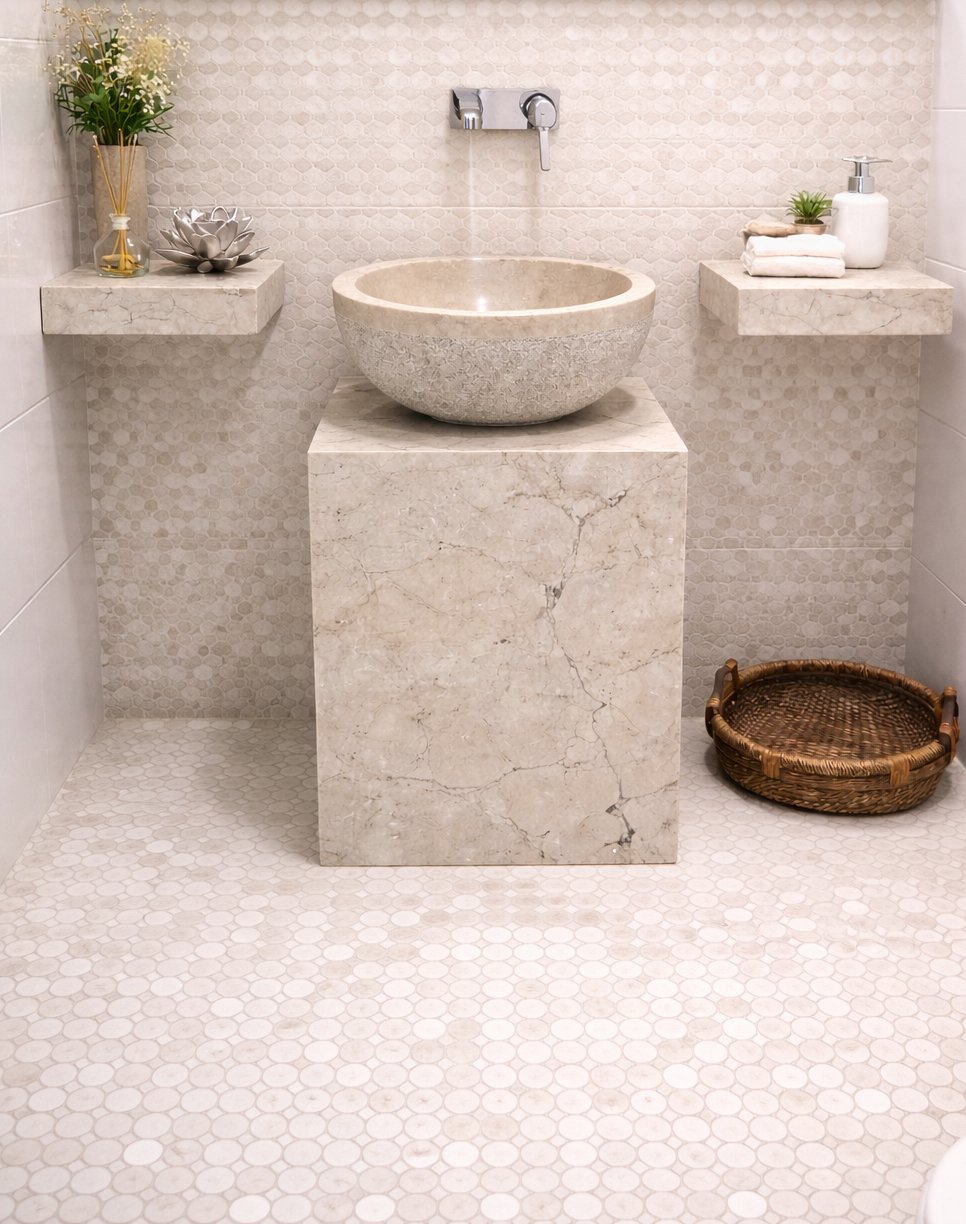 Open Storey bathroom interior — marble penny tile