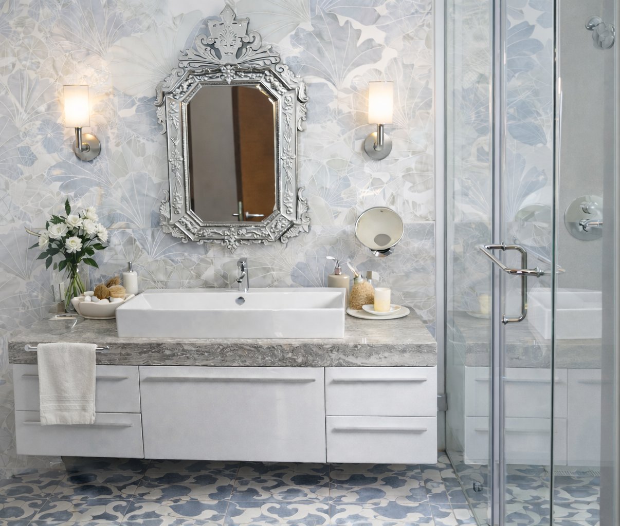 Open Storey bathroom interior — silver and blue bathroom